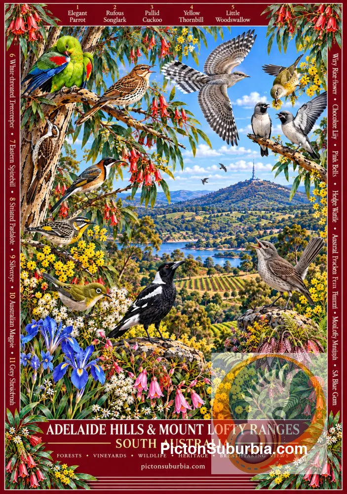 Australiana Tea Towel: South Australia - Adelaide Hills & Mount Lofty Ranges - Cotton/Linen Blend - Tea Towel