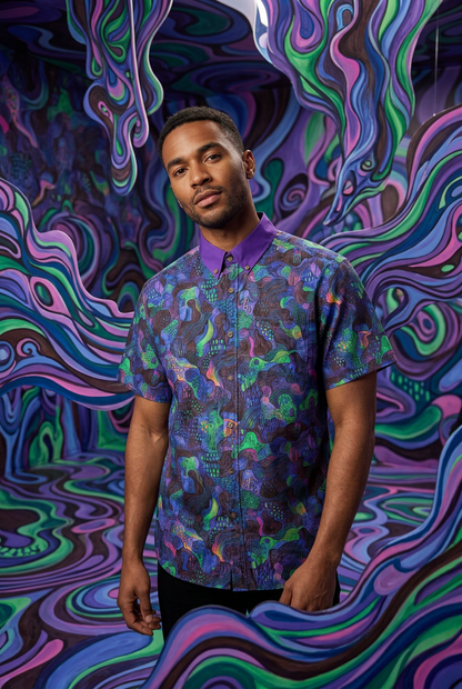 “Neon Depth” All-Over Print Men's Breathable Shirt|140GSM Slub Cotton (Copy)