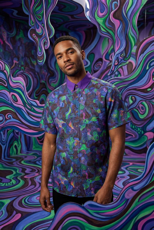 “Neon Depth” All-Over Print Men's Breathable Shirt|140GSM Slub Cotton (Copy)