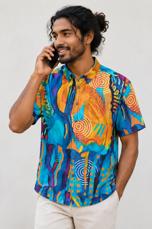“Geotopia” All-Over Print Men's Breathable Shirt|140GSM Slub Cotton