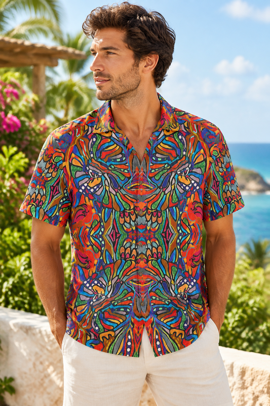 “Scarlet Commotion” All-Over Print Men's Breathable Shirt|140GSM Slub Cotton