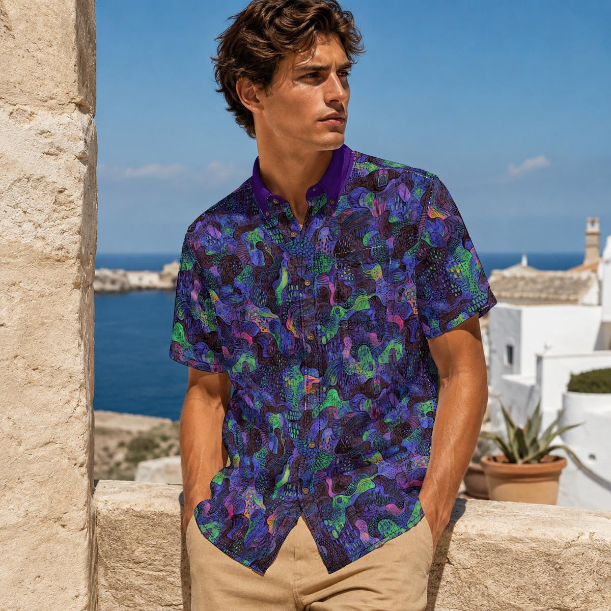 “Neon Depth” All-Over Print Men's Breathable Shirt|140GSM Slub Cotton (Copy)