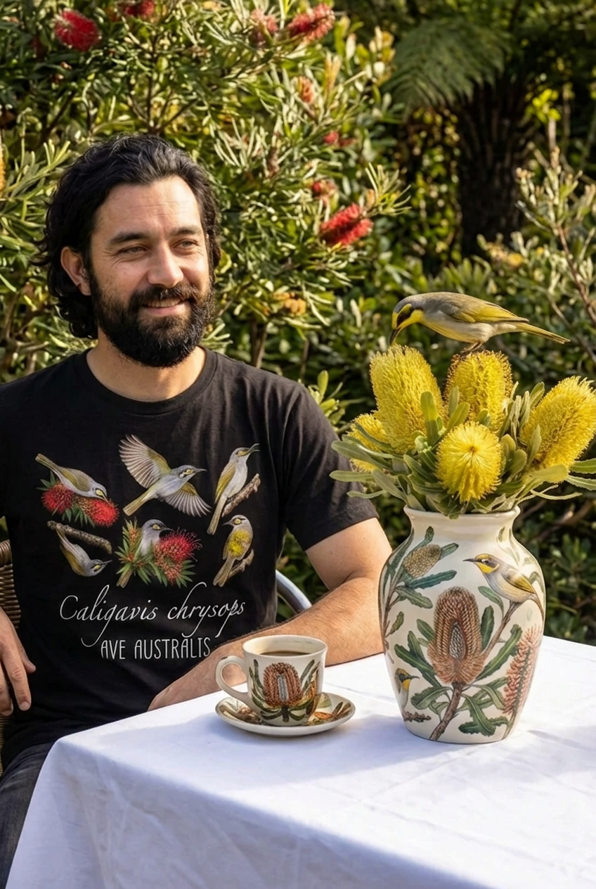 “Yellow-faced Honeyeater” All-Over Print Men's O-Neck T-Shirt | 190GSM Cotton