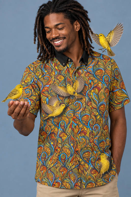 “Gibberbird” All-Over Print Men's Breathable Shirt|140GSM Slub Cotton