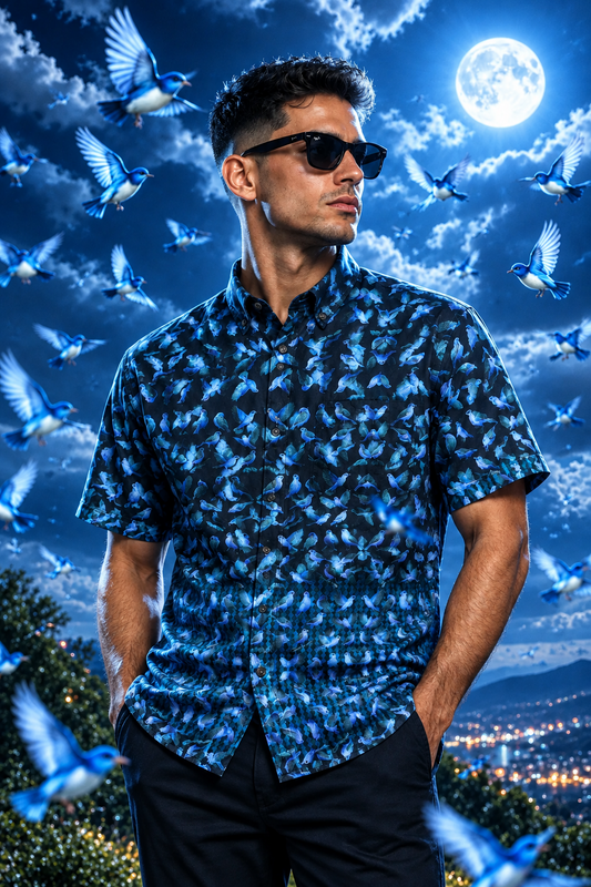 “Nocturnal Blue Birds” All-Over Print Men's Breathable Shirt|140GSM Slub Cotton
