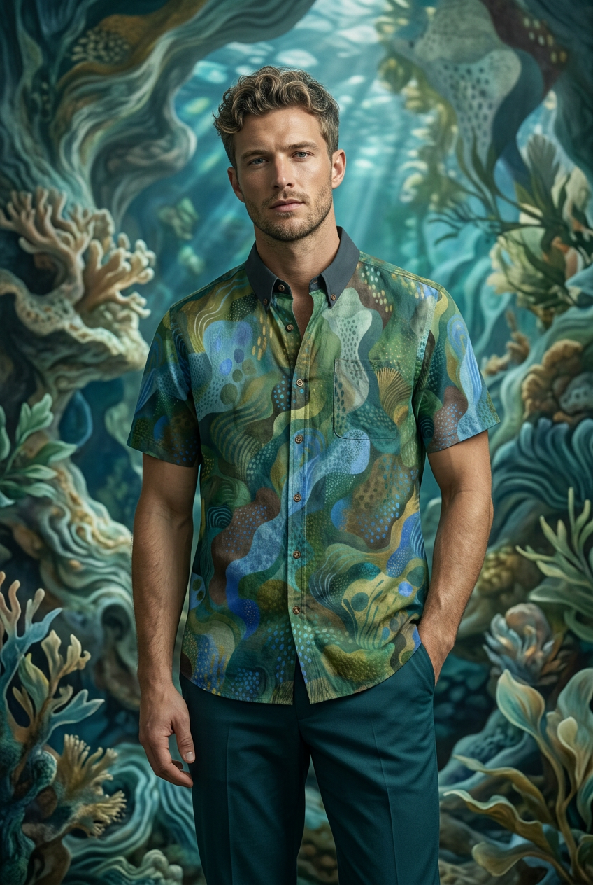 “Eco Green” All-Over Print Men's Breathable Shirt|140GSM Slub Cotton