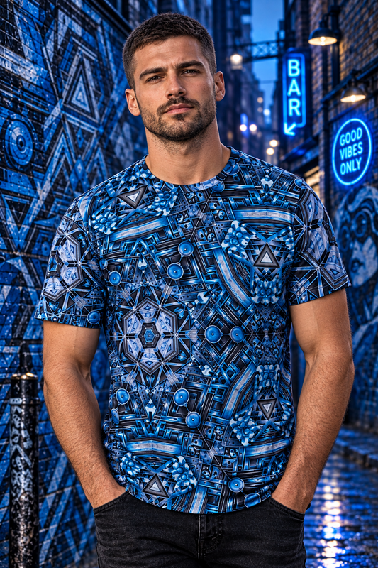“Cobalt Graphica” All-Over Print Men's O-Neck T-Shirt | 190GSM Cotton