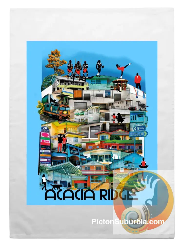 Acacia Ridge: 100% Cotton Tea Towel - Design 1: Blue Background - Physical good