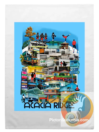 Acacia Ridge: 100% Cotton Tea Towel - Design 1: Blue Background - Physical good