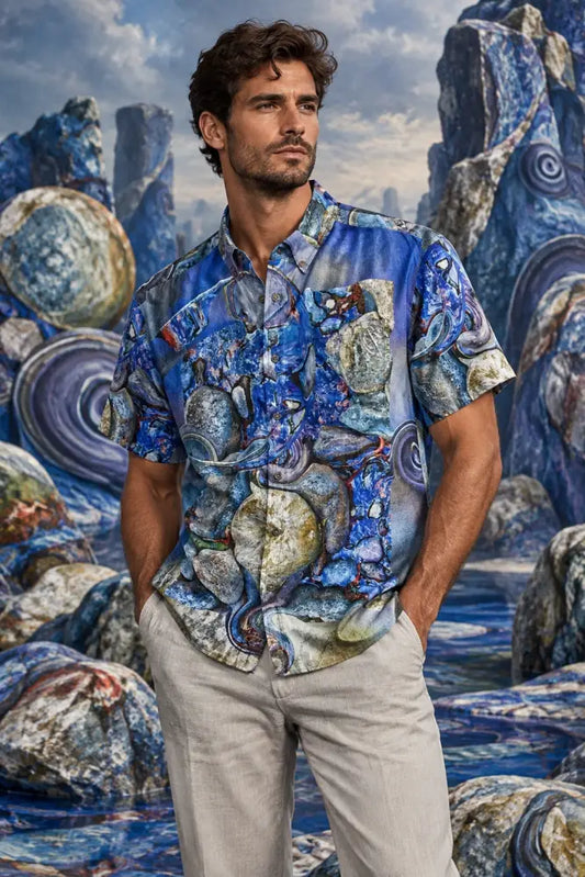 “Aqua Terrestrial” All-Over Print Men’s Breathable Shirt|140GSM Slub Cotton