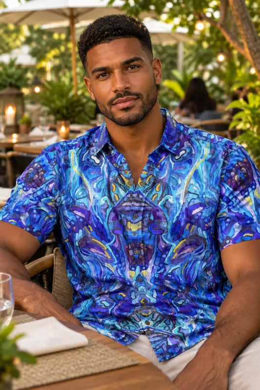 “Aquatica” All-Over Print Men’s Breathable Shirt|140GSM Slub Cotton