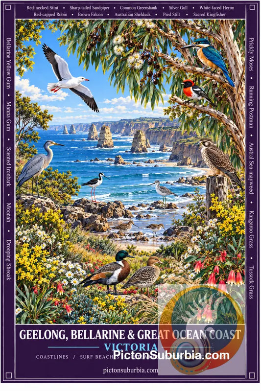 Australiana Tea Towel: Victoria - Geelong Bellarine & Great Ocean Coast - Cotton/Linen Blend - Tea Towel