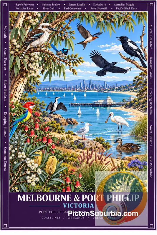 Australiana Tea Towel: Victoria - Melbourne & Port Phillip - Cotton/Linen Blend - Tea Towel
