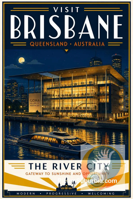 Brisbane Retro Travel Posters- Gallery of Modern Art (Evening Exterior) - A3 - Art Print