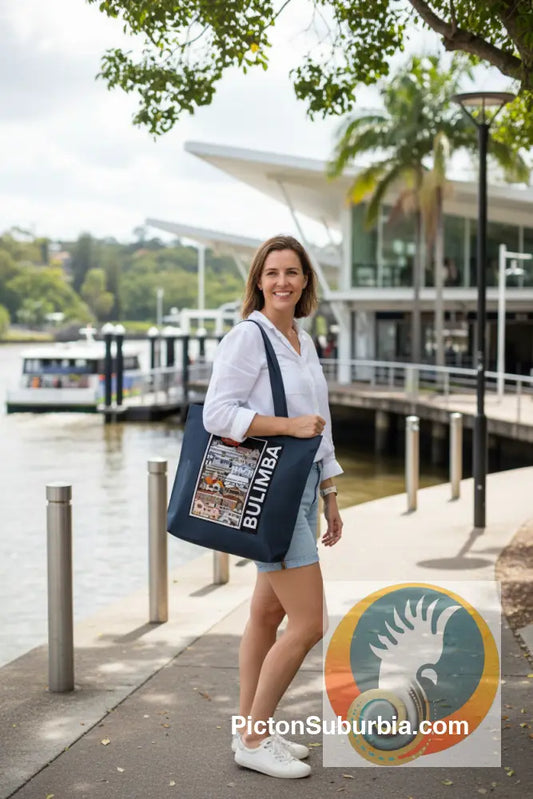 A dark navy blue canvas tote bag featuring a graphic print of Victorian-style houses in Brisbane, Australia, with the word 'BULIMBA' printed vertically in white on a black background.