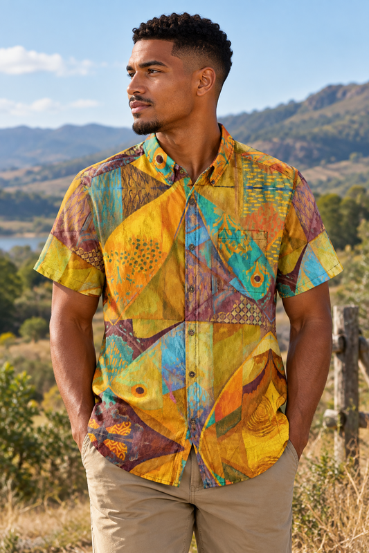 “Desert Tapestry” All-Over Print Men's Breathable Shirt|140GSM Slub Cotton