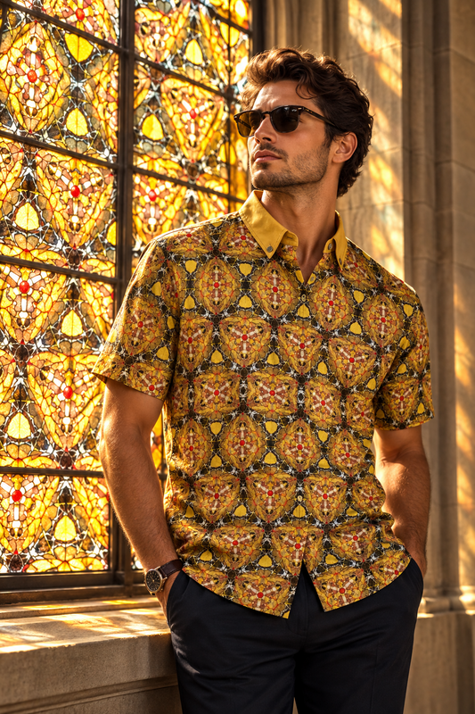 “Gilded Vision” All-Over Print Men's Breathable Shirt|140GSM Slub Cotton