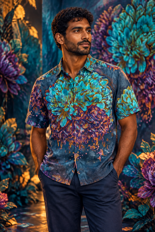 “Indigo Bloom” All-Over Print Men's Breathable Shirt|140GSM Slub Cotton