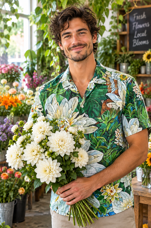 “Ivory Bloom” All-Over Print Men's Breathable Shirt|140GSM Slub Cotton