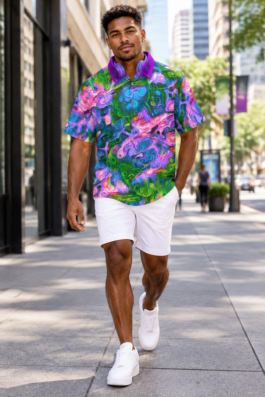 “Liquid Garden” All-Over Print Men's Breathable Shirt|140GSM Slub Cotton
