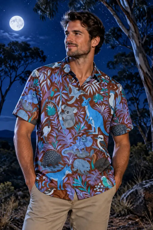 “Nighttime Fauna Down Under” All-Over Print Men’s Breathable Shirt|140GSM Slub Cotton