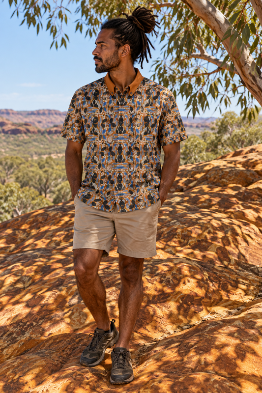 “Ochre Canopy” All-Over Print Men's Breathable Shirt|140GSM Slub Cotton