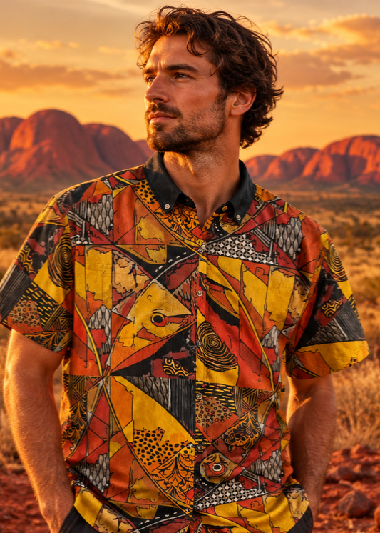 “Ochre Fusion” All-Over Print Men's Breathable Shirt|140GSM Slub Cotton