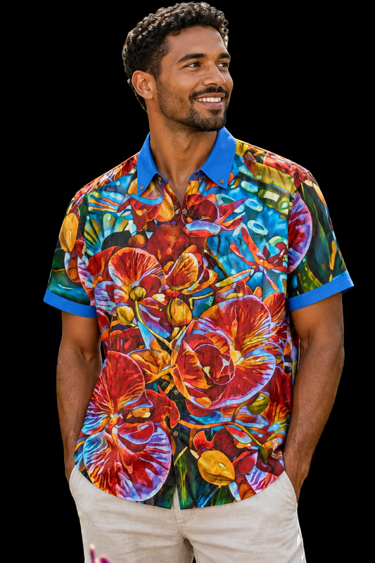 “Orchidae” All-Over Print Men's Breathable Shirt|140GSM Slub Cotton