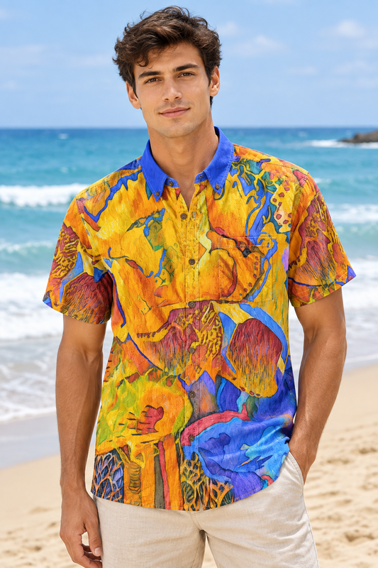 “Outback Mirage” All-Over Print Men's Breathable Shirt|140GSM Slub Cotton