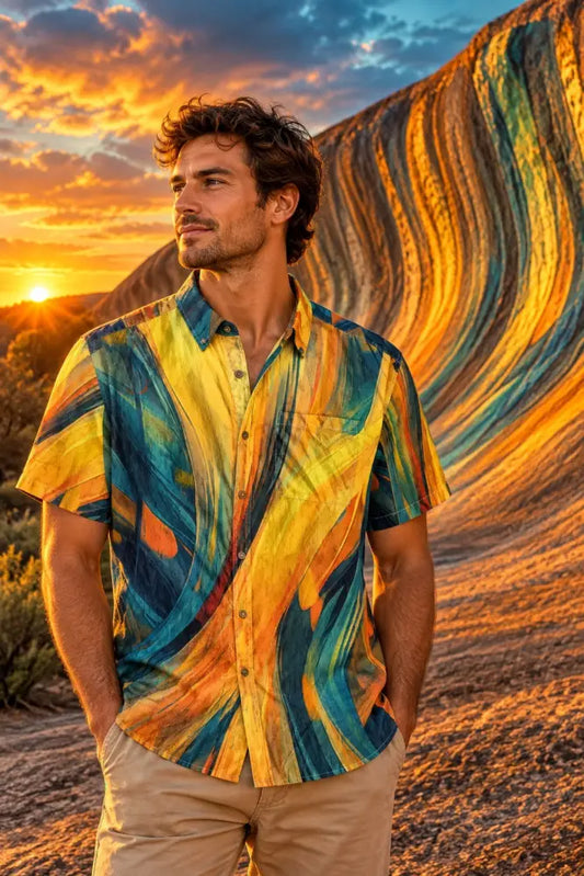 “Outback Striations” All-Over Print Men’s Breathable Shirt|140GSM Slub Cotton