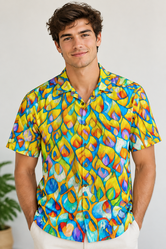 “ Stained Glass Spectacle” All-Over Print Men's Breathable Shirt|140GSM Slub Cotton