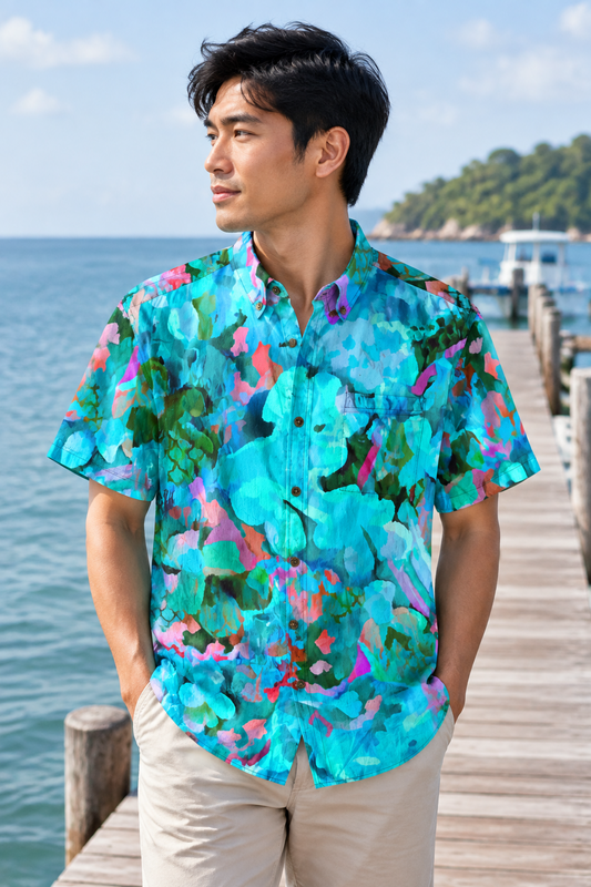 ‘Turquoise Tapestry” All-Over Print Men's Breathable Shirt|140GSM Slub Cotton